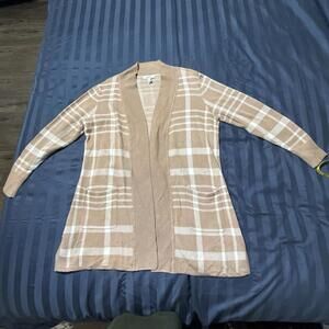 Isaac Mizrahi Live Shawl Collar Plaid Jacquard Cardigan Sweater Tan Size Medium